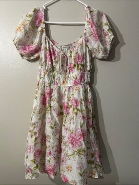 Blu pepper Girls' White Floral Puff-Sleeve Dress with Pink Blooms Sz M